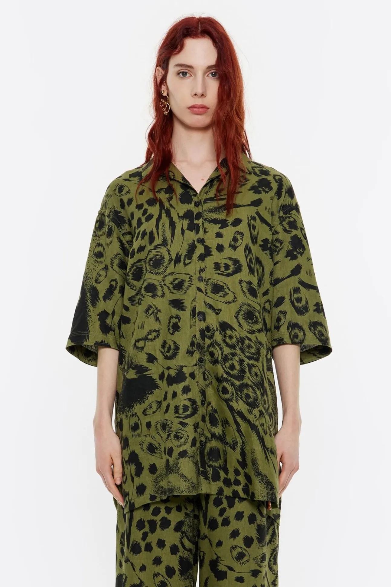 BIMBA Y LOLA Camisa Oversize Lino Animal Mix Verde<Mujer Total Look