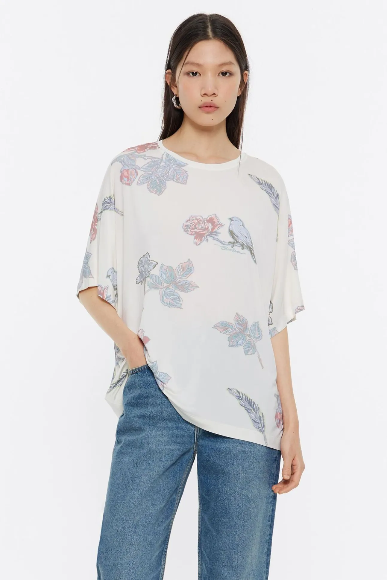 BIMBA Y LOLA Camiseta Boxy Viscosa Birds Marfil<Mujer Camisetas