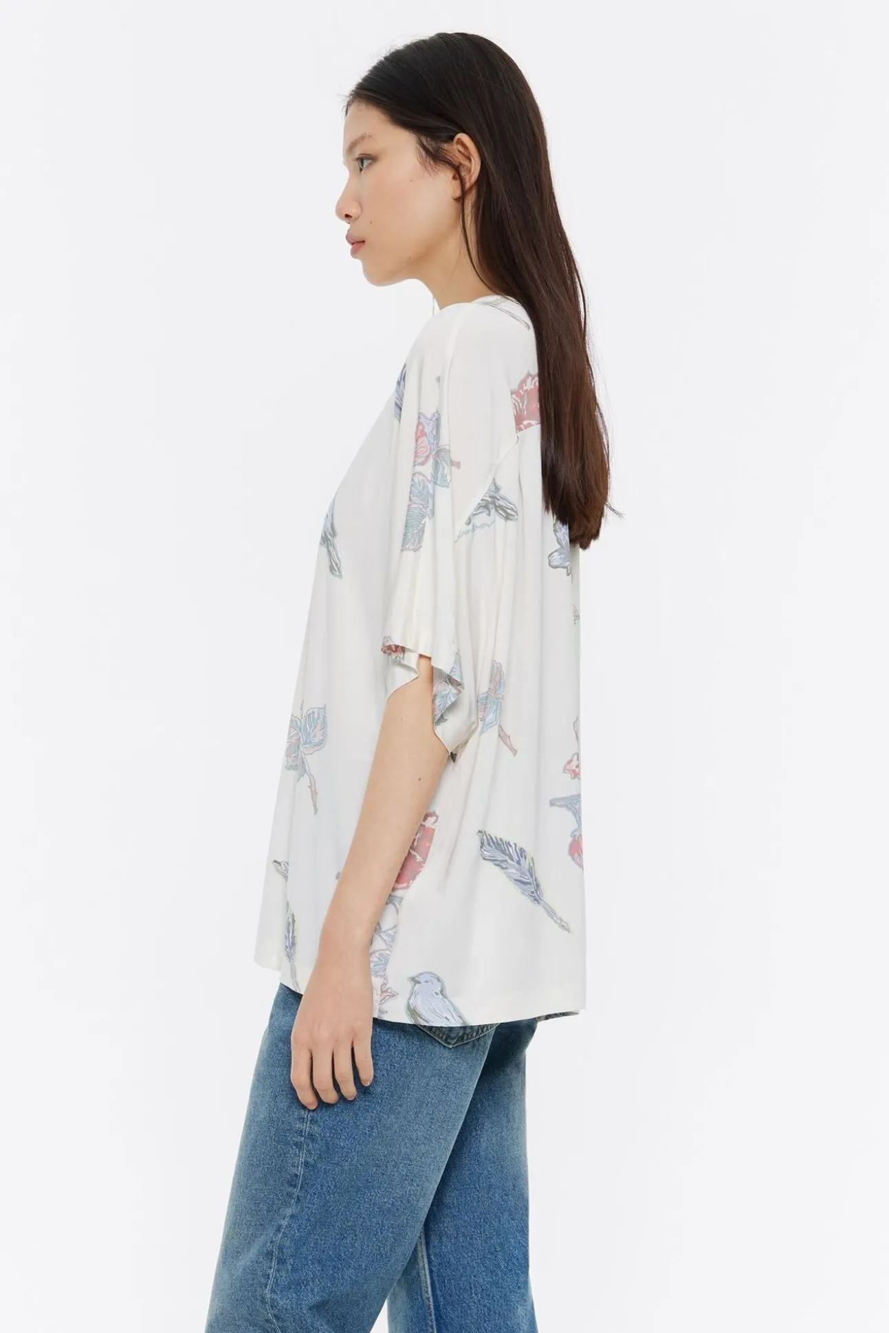 BIMBA Y LOLA Camiseta Boxy Viscosa Birds Marfil<Mujer Camisetas