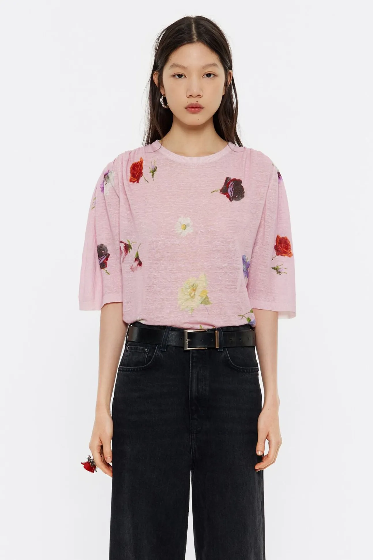 BIMBA Y LOLA Jersey Hombros Fruncidos Lino Flowers Rosa<Mujer Punto