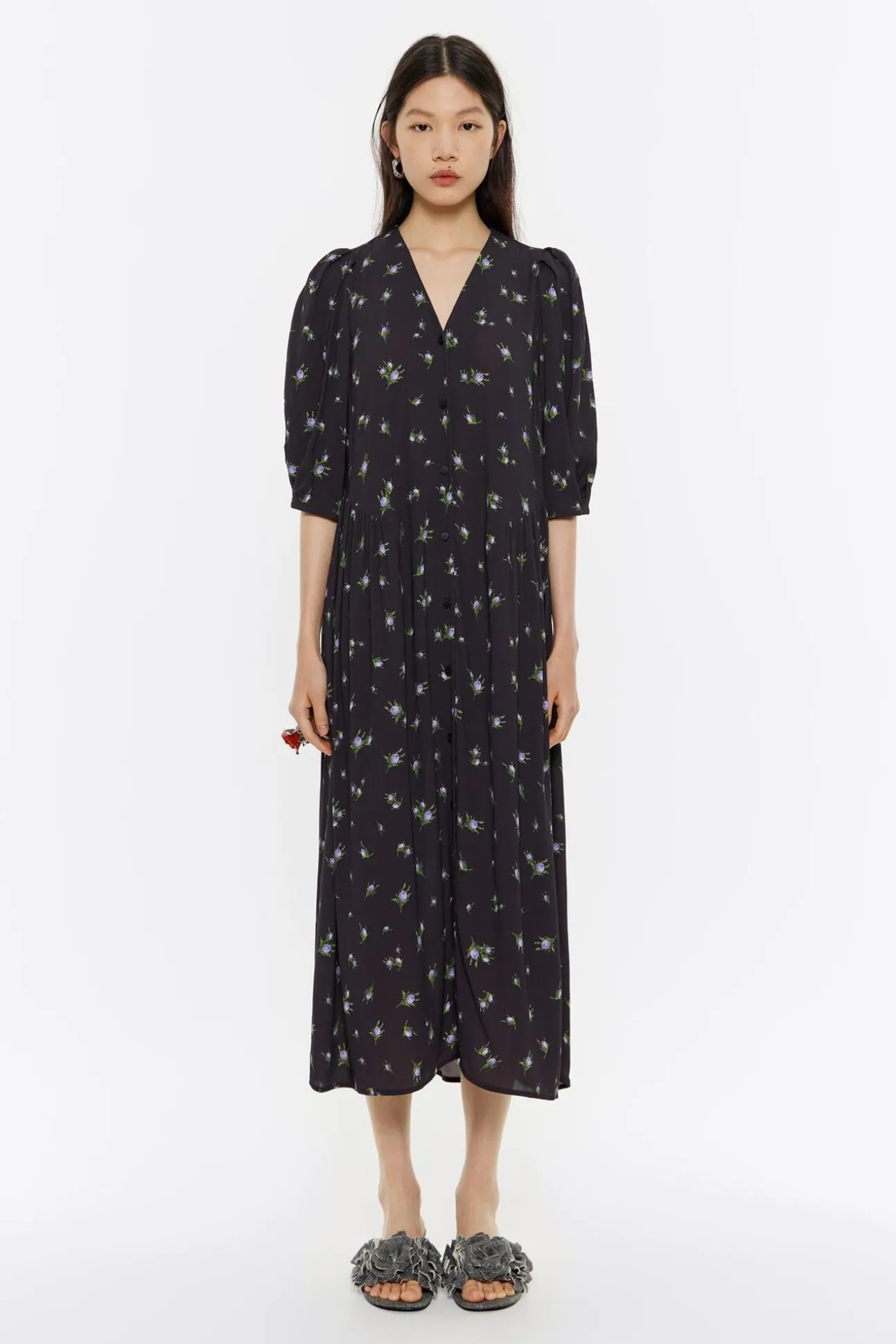 BIMBA Y LOLA Vestido Fluido Midi Flowers Negro<Mujer Vestidos Y Monos